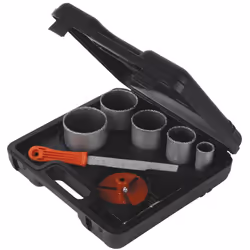 Contenu : scies-cloches à grains de carbure de tungstène de 33, 53, 67, 73 et 83 mm ; foret pilote de 8 mm ; arbre universel  ...