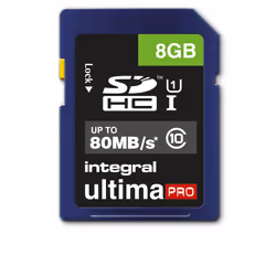 Integral 8GB ULTIMAPRO SDHC/XC 80MB CLASS 10 UHS-I U1, 8 Go, SD, UHS-I, 80 Mo/s, Class 1 (U1), Bleu