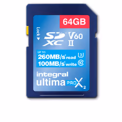 Integral 64GB ULTIMAPRO X2 SDXC 260/100MB UHS-II V60, 64 Go, SD, UHS-II, 260 Mo/s, 100 Mo/s, Class 3 (U3)