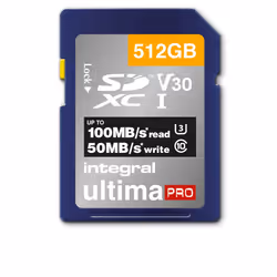 Integral 512GB SDXC 100-90MB/s UHS-I V30, 512 Go, SD, UHS-I, 100 Mo/s, 80 Mo/s, Class 3 (U3)
