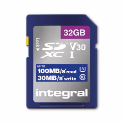 Integral INSDH32G-100V30 32GB SD CARD SDHC UHS-1 U3 CL10 V30 UP TO 100MBS READ 30MBS WRITE, 32 Go, SD, UHS-I, 100 Mo/s, 30 Mo ...