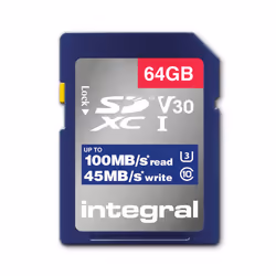 Integral INSDX64G-100V30 64GB SD CARD SDXC UHS-1 U3 CL10 V30 UP TO 100MBS READ 45MBS WRITE, 64 Go, SD, UHS-I, 180 Mo/s, 45 Mo ...