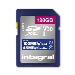 Integral INSDX128G-100V30 128GB SD CARD SDXC UHS-1 U3 CL10 V30 UP TO 100MBS READ 45MBS WRITE 128 Go UHS-I