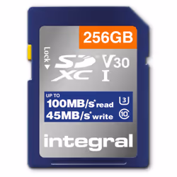 Integral INSDX256G-100V30 256GB SD CARD SDXC UHS-1 U3 CL10 V30 UP TO 100MBS READ 45MBS WRITE, 256 Go, SD, UHS-I, 180 Mo/s, 45 ...