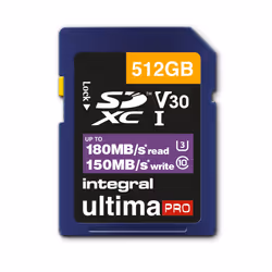 Integral INSDX512G-180/150V30 512GB SD CARD SDXC UHS-1 U3 CL10 V30 UP TO 180MBS READ 150MBS WRITE