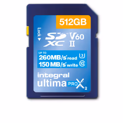 Integral 512GB ULTIMAPRO X2 SDXC 260/150MB UHS-II V60, 512 Go, SD, UHS-II, 260 Mo/s, 150 Mo/s, Class 3 (U3)