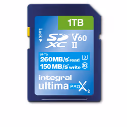Integral 1TB ULTIMAPRO X2 SDXC 260/150MB UHS-II V60, 1 To, SD, UHS-II, 260 Mo/s, 150 Mo/s, Class 3 (U3)