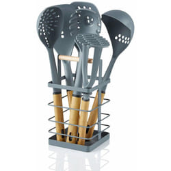 SWAN Nordic Nordic Ustensiles de Cuisine en Nylon 6 Pièces + Panier, Poignées Effet Bois Gris