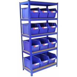 T-Rax Étagère Bleu 90cm avec 12 x Bacs de Rangement Poubelle à Choix Rapide Entrepôt Garage sans Boulons Système d'Étagère…