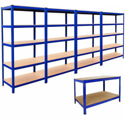 4 Rayonnages T-Rax Bleus de 90cm et 1 Établi Q-Rax Bleu de 120cm en Acier Sans Boulons…
