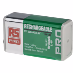 Chimie = NiMH Capacité = 200mAh Taille = 9V Type de terminaison = A pression Tension nominale = 8.4V Gamme de température de  ...