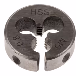 Taille de filetage = M5 Pas = 0.8mm Diamètre extérieur = 13/16pouce Filières HSS (classe M2). Filières de précision, conforme ...