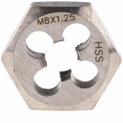 Taille de filetage = M8 Pas = 1.25mm Nombre de pièces = 1 Epaisseur = 0.3125pouce Matériau = HSS Filières HSS. Ecrous taraude ...