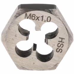 Taille de filetage = M6 Pas = 1.0mm Nombre de pièces = 1 Epaisseur = 0.25pouce Matériau = HSS Filières HSS. Ecrous taraudeurs ...