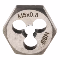 Taille de filetage = M5 Pas = 0.8mm Nombre de pièces = 1 Epaisseur = 0.25pouce Matériau = HSS Filières HSS. Ecrous taraudeurs ...