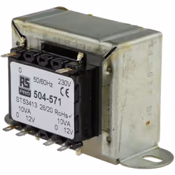 Tension au primaire = 230V c.a. Tension au secondaire = 12V c.a. Puissance = 20VA Nombre de sorties = 2 Type de montage = Châ ...