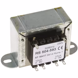 Tension au primaire = 230V c.a. Tension au secondaire = 6V c.a. Puissance = 20VA Nombre de sorties = 2 Type de montage = Mont ...