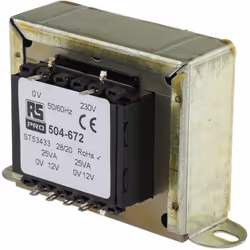 Tension au primaire = 230V c.a. Tension au secondaire = 12V c.a. Puissance = 50VA Nombre de sorties = 2 Type de montage = Châ ...