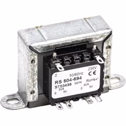 Tension au primaire = 230V c.a. Tension au secondaire = 5V c.a. Puissance = 6VA Nombre de sorties = 2 Type de montage = Monta ...