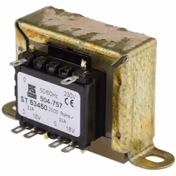Tension au primaire = 230V c.a. Tension au secondaire = 18V c.a. Puissance = 6VA Nombre de sorties = 2 Type de montage = Mont ...