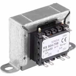 Tension au primaire = 230V c.a. Tension au secondaire = 20V c.a. Puissance = 6VA Nombre de sorties = 2 Type de montage = Mont ...