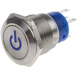 Bouton-poussoir, Verrouillable lumineux, led Bleu, Unipolaire à deux directions (1RT), 5 a, Argent, Montage panneau 24V ( Prix pour 1 )