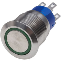Bouton-poussoir, Momentané lumineux, LED Vert, 5 A, Argent, Montage panneau 220V ( Prix pour 1 )