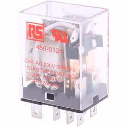 Tension de bobine = 230V c.a. Configuration de contact = 2 RT Type de montage = Enfichable Courant de commutation = 10A Nombr ...