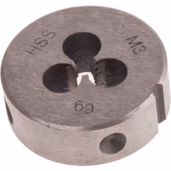 Taille de filetage = M3 Pas = 0.5mm Diamètre extérieur = 25mm Epaisseur = 9mm Matériau = HSS HSS ; matrices DIN/UNF/UNC. Matr ...