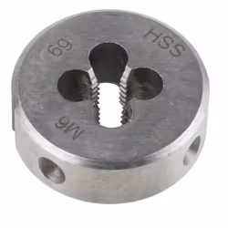 Taille de filetage = M6 Pas = 1mm Diamètre extérieur = 25mm Epaisseur = 9mm Matériau = HSS HSS ; matrices DIN/UNF/UNC. Matric ...