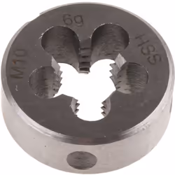 Taille de filetage = M10 Pas = 1.5mm Diamètre extérieur = 25mm Epaisseur = 9mm Matériau = HSS HSS ; matrices DIN/UNF/UNC. Mat ...