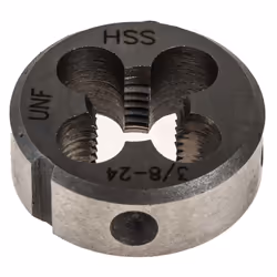 Taille de filetage = 3/8-24 UNF Diamètre extérieur = 25.4mm Epaisseur = 9mm Matériau = HSS HSS ; matrices DIN/UNF/UNC. Matric ...