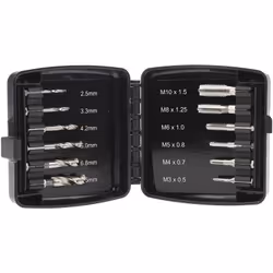 Type de kit = Jeu de taraud à filetage Nombre de pièces = 12 Matériau = HSS Jeu de 12 tarauds et forets HSS de RS Pro. Présen ...