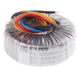 Transformateur torique RS PRO 2 sorties, 230V c.a. 2 x 6V c.a., 50VA ( Prix pour 1 )
