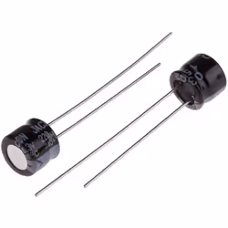 Capacité = 220µF Tension = 6.3V c.c. Type de montage = Traversant Technologie = Electrolytique Dimensions = 6 (Dia.) x 5mm Ha ...