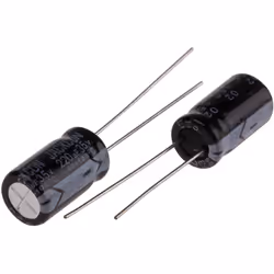 Capacité = 220µF Tension = 35V c.c. Type de montage = Traversant Technologie = Electrolytique Dimensions = 8 (Dia.) x 14mm Ha ...
