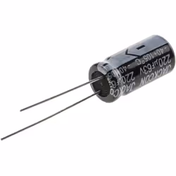 Capacité = 220µF Tension = 63V c.c. Type de montage = Traversant Technologie = Electrolytique Dimensions = 10 (Dia.) x 20mm H ...