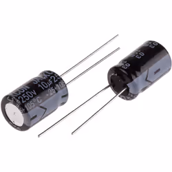 Capacité = 10µF Tension = 250V c.c. Type de montage = Traversant Technologie = Electrolytique Dimensions = 10 (Dia.) x 15mm H ...