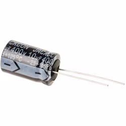 Capacité = 10µF Tension = 400V c.c. Type de montage = Traversant Technologie = Electrolytique Dimensions = 13 (Dia.) x 21mm H ...