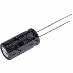 Capacité = 10µF Tension = 400V c.c. Type de montage = Traversant Technologie = Electrolytique Dimensions = 10 (Dia.) x 20mm H ...