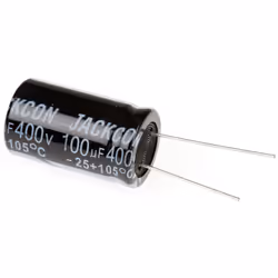 Capacité = 100µF Tension = 400V c.c. Type de montage = Traversant Technologie = Electrolytique Dimensions = 18 (Dia.) x 31mm  ...
