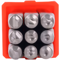 Hauteur de caractère = 5mm Nombre de pièces = 9 Contenu du kit = 0 ? 8 Poinçons lettres et numéros. Poinçons manuels pour mar ...
