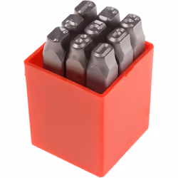 Hauteur de caractère = 8mm Nombre de pièces = 9 Contenu du kit = 0 ? 8 Poinçons lettres et numéros. Poinçons manuels pour mar ...