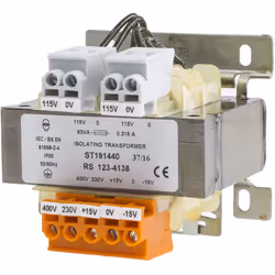 Tension au primaire = 230V ac (+/- 15V) - 400V ac (+/- 15V) Tension au secondaire = 115 Puissance = 63VA Type de montage = Ra ...