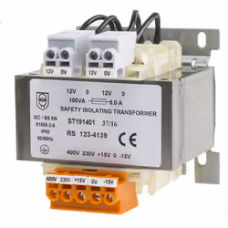 Tension au primaire = 230V ac (+/- 15V) - 400V ac (+/- 15V) Tension au secondaire = 12V c.a. Puissance = 100VA Type de montag ...
