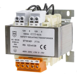 Rs Pro - Transformateur d'isolement, Vin 230V ac (+/- 15V) - 400V ac (+/- 15V), Vout 12V c.a., 100VA ( Prix pour 1 )