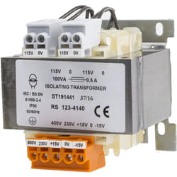 Rs Pro - Transformateur d'isolement, Vin 230V ac (+/- 15V) - 400V ac (+/- 15V), Vout 115V, 100VA ( Prix pour 1 )