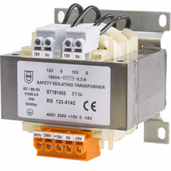 Tension au primaire = 230V ac (+/- 15V) - 400V ac (+/- 15V) Tension au secondaire = 12V c.a. Puissance = 160VA Type de montag ...