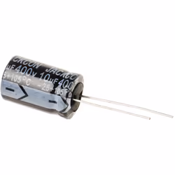 Capacité = 10µF Tension = 400V c.c. Type de montage = Traversant Technologie = Electrolytique Dimensions = 13 (Dia.) x 21mm H ...