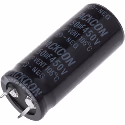 Capacité = 150µF Tension = 450V c.c. Type de montage = Traversant Technologie = Electrolytique Dimensions = 22 (Dia.) x 50mm  ...